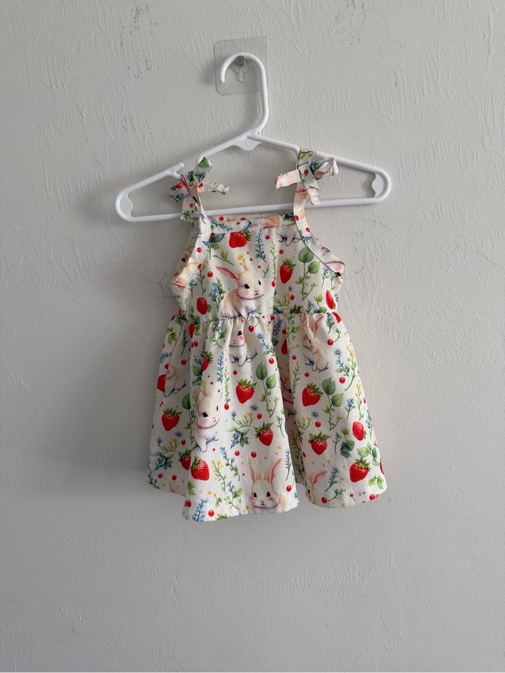 Girls' White Bunny & Strawberry Tie-Shoulder Dress